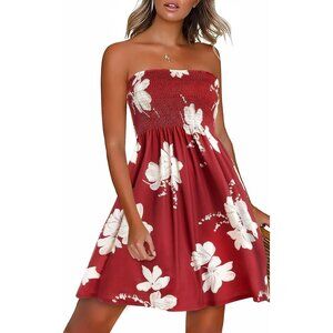 Women Wine Red Flower Strapless Off Shoulder Cover Ups Casual Beach Sundress